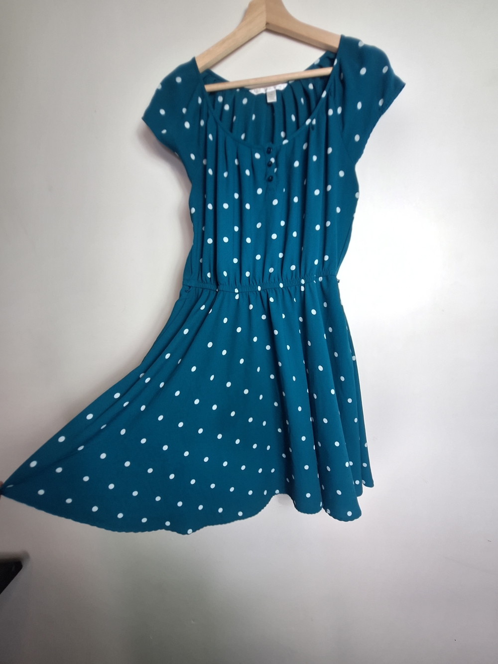 Lauren Conrad Teal Polka Dot Midi Dress with Elastic Waist - Size M - Picture 2 of 6